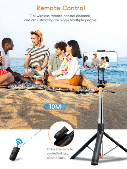 1.7m Long Wireless Remote Bluetooth Selfie Stick Made Of Alloy Material, Suitable For Video Recording, Life And Travel Documentation. It Is A Portable Tripod-Style Handheld/Ground Selfie Stick That Op