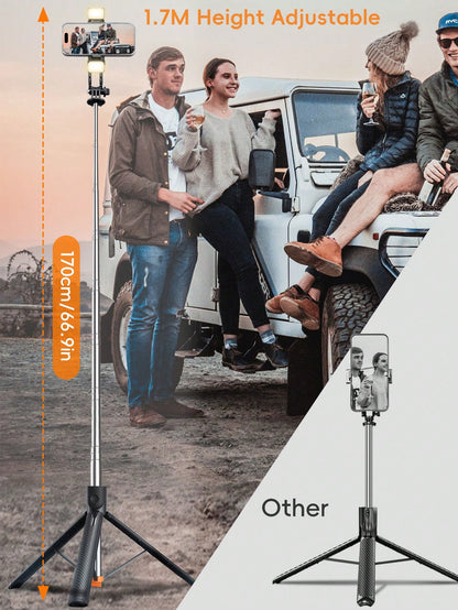 1.7m Long Wireless Remote Bluetooth Selfie Stick Made Of Alloy Material, Suitable For Video Recording, Life And Travel Documentation. It Is A Portable Tripod-Style Handheld/Ground Selfie Stick That Op