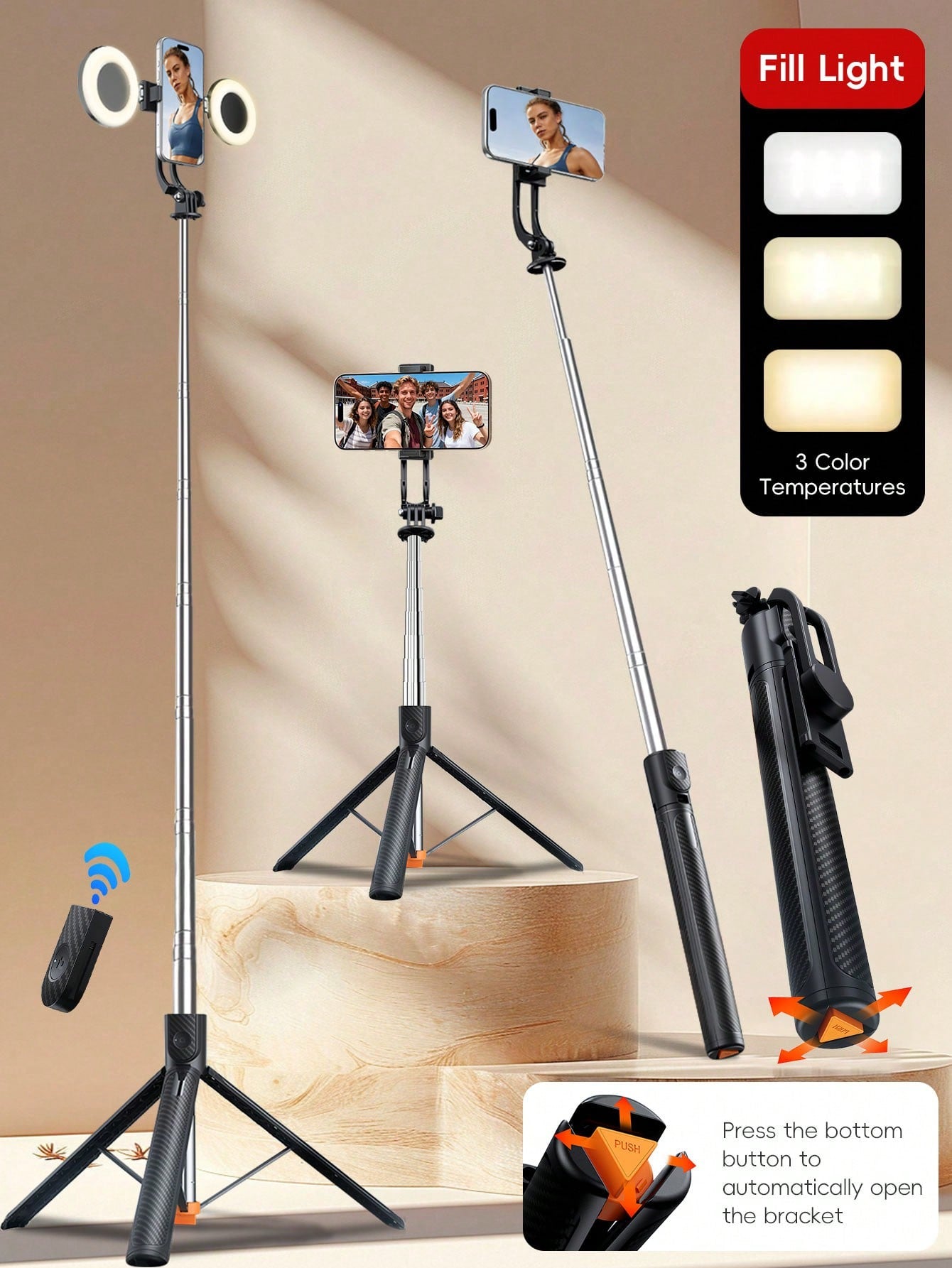 1.7m Long Wireless Remote Bluetooth Selfie Stick Made Of Alloy Material, Suitable For Video Recording, Life And Travel Documentation. It Is A Portable Tripod-Style Handheld/Ground Selfie Stick That Op