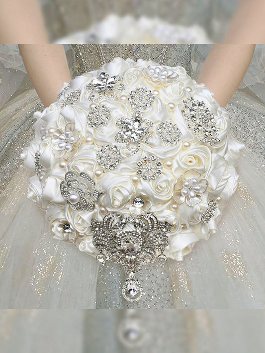 1 Bouquet Luxury Ivory Silver Crystal Rhinestone Artificial Rose Satin Ribbon Eternal Flower Ball, Bridal Bridesmaid Wedding Bouquet. Delicate Crystal Pearl Decor Everlasting Flower Bouquet For Church