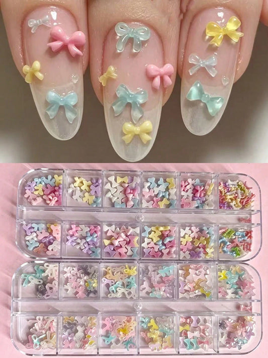 1 Box 12 Grid Macaron Transparent Color Small Bow Design Nail Art Decoration, Y2K DIY Bow Tie Nail Charms, Nails Glitter, Manicure Supplies