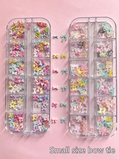 1 Box 12 Grid Macaron Transparent Color Small Bow Design Nail Art Decoration, Y2K DIY Bow Tie Nail Charms, Nails Glitter, Manicure Supplies
