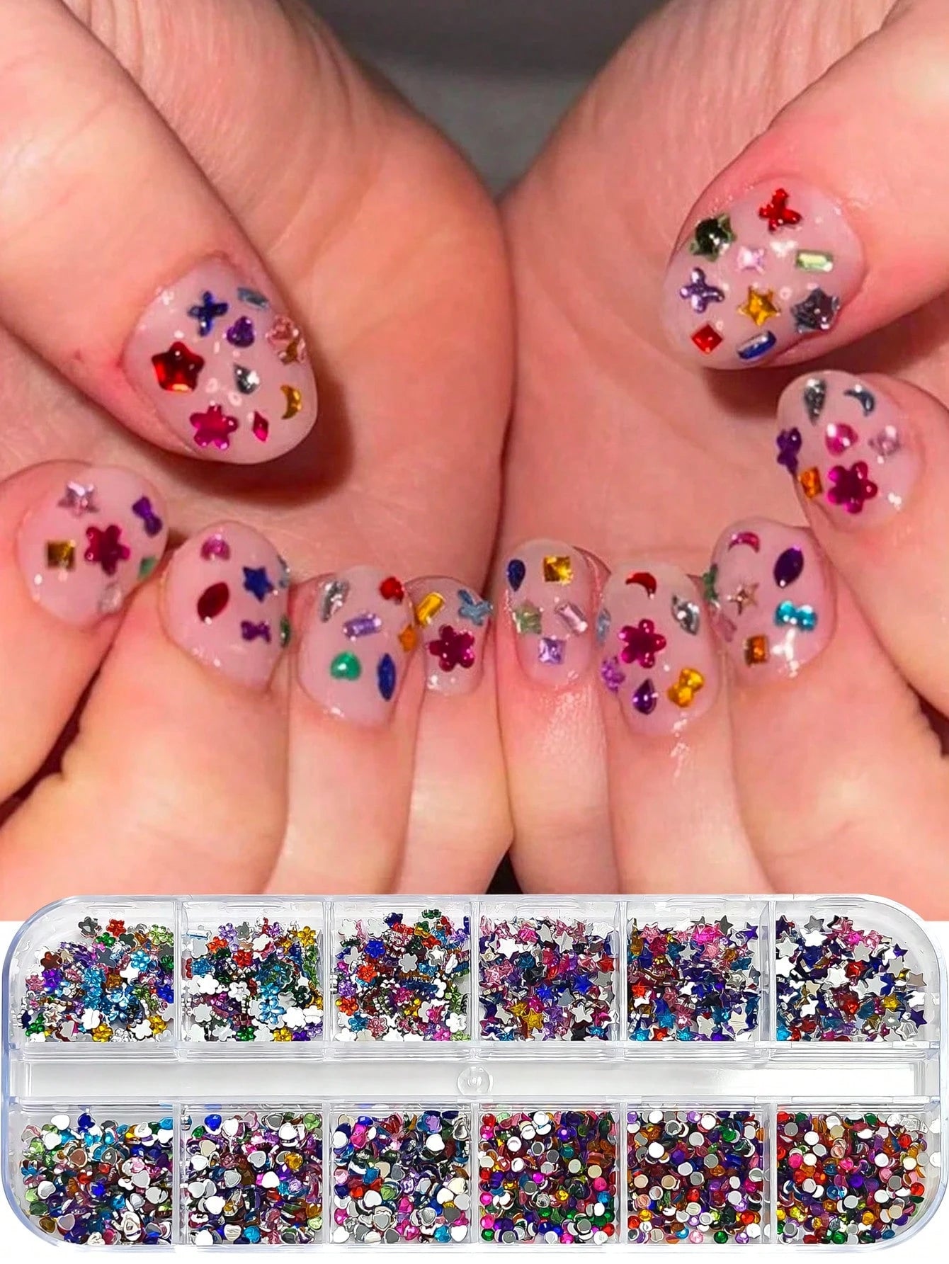 1 Box 12 Grids Super Shiny Mini Resin Flat Rhinestones- Symmetrical Shape, DIY Nail Art Decorations, Nail Gems, Nail Supplies Nail Charms