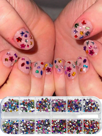 1 Box 12 Grids Super Shiny Mini Resin Flat Rhinestones- Symmetrical Shape, DIY Nail Art Decorations, Nail Gems, Nail Supplies Nail Charms