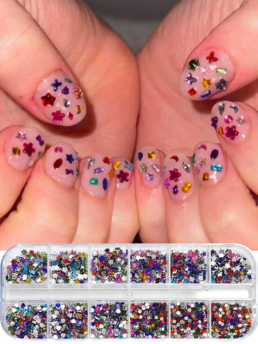 1 Box 12 Grids Super Shiny Mini Resin Flat Rhinestones- Symmetrical Shape, DIY Nail Art Decorations, Nail Gems, Nail Supplies Nail Charms