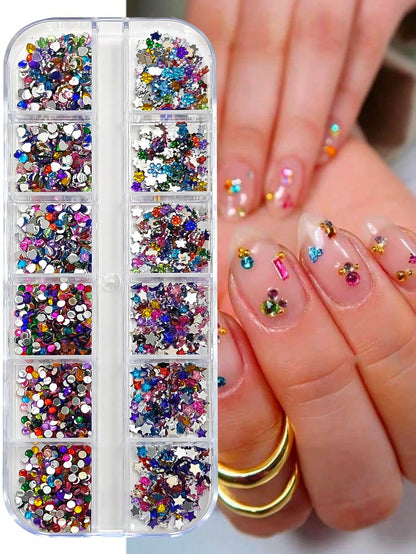 1 Box 12 Grids Super Shiny Mini Resin Flat Rhinestones- Symmetrical Shape, DIY Nail Art Decorations, Nail Gems, Nail Supplies Nail Charms