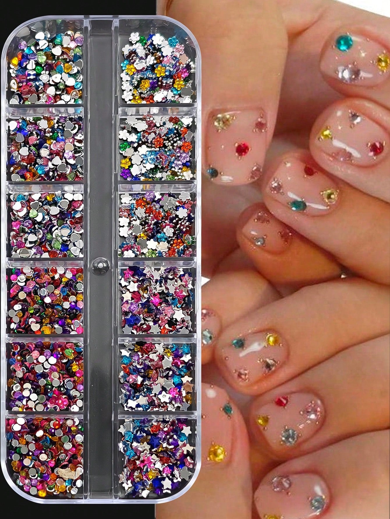 1 Box 12 Grids Super Shiny Mini Resin Flat Rhinestones- Symmetrical Shape, DIY Nail Art Decorations, Nail Gems, Nail Supplies Nail Charms