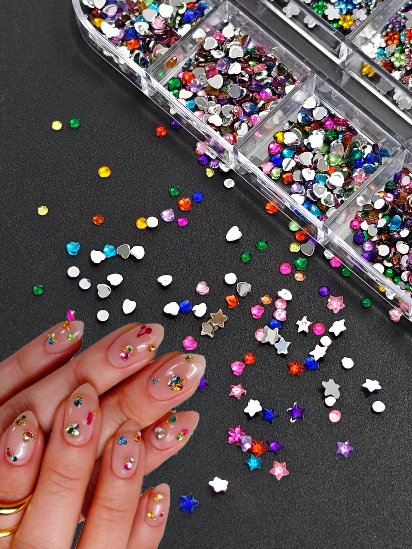 1 Box 12 Grids Super Shiny Mini Resin Flat Rhinestones- Symmetrical Shape, DIY Nail Art Decorations, Nail Gems, Nail Supplies Nail Charms
