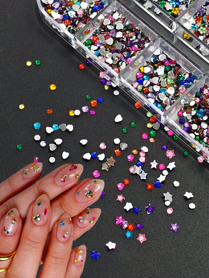 1 Box 12 Grids Super Shiny Mini Resin Flat Rhinestones- Symmetrical Shape, DIY Nail Art Decorations, Nail Gems, Nail Supplies Nail Charms