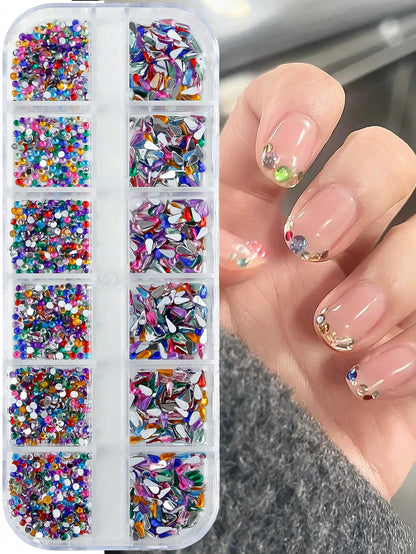 1 Box 12 Grids Super Shiny Mini Resin Flat Rhinestones- Symmetrical Shape, DIY Nail Art Decorations, Nail Gems, Nail Supplies Nail Charms