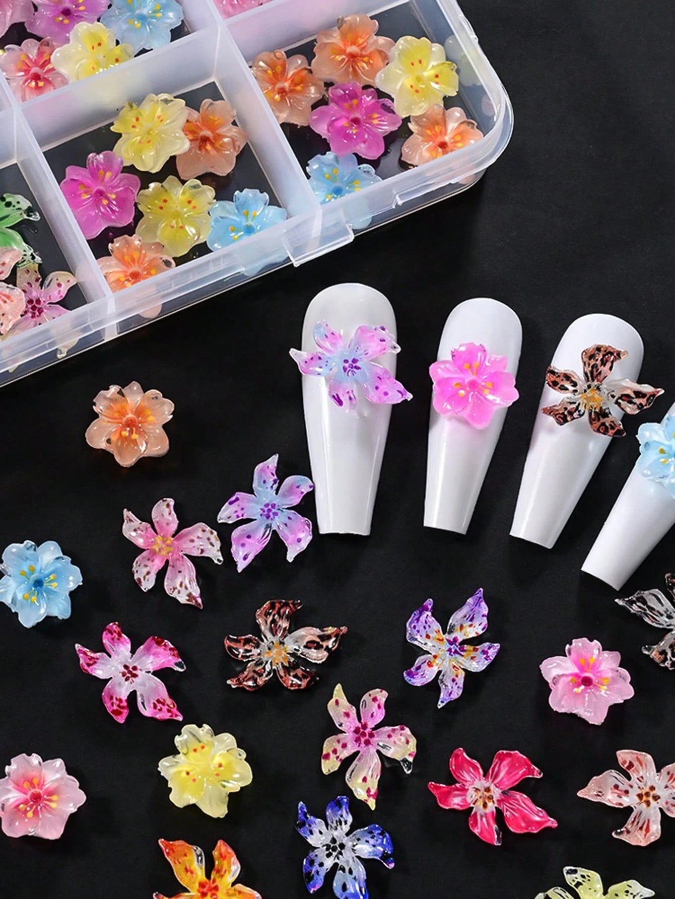 1 Box Random Mixed ABS Leopard Print Flower Nail Art Decorations, Y2K Ombre Polka Dot Flower Nail Art Accessories, DIY Nail Supplies, Nail Gems Nail Charms