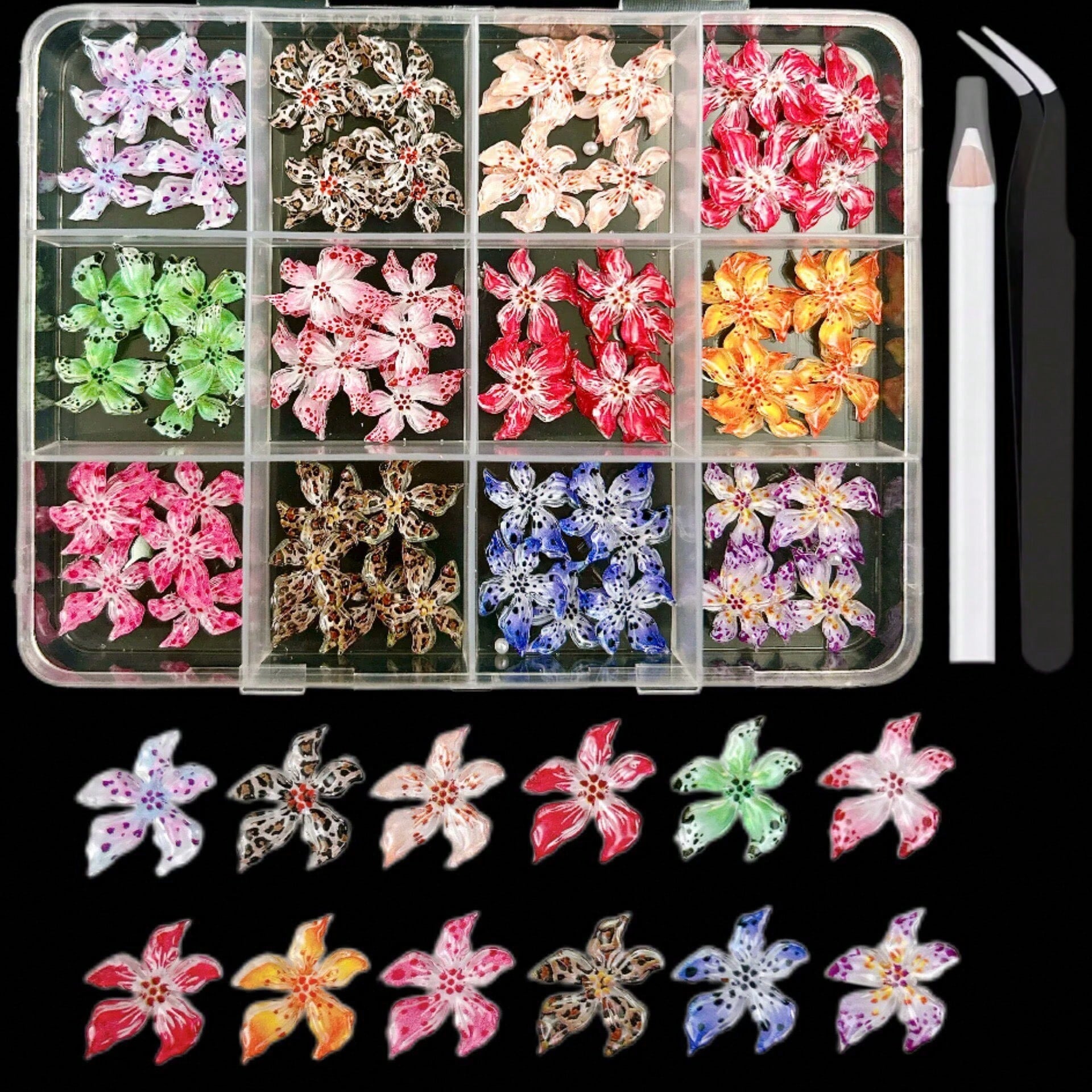 1 Box Random Mixed ABS Leopard Print Flower Nail Art Decorations, Y2K Ombre Polka Dot Flower Nail Art Accessories, DIY Nail Supplies, Nail Gems Nail Charms