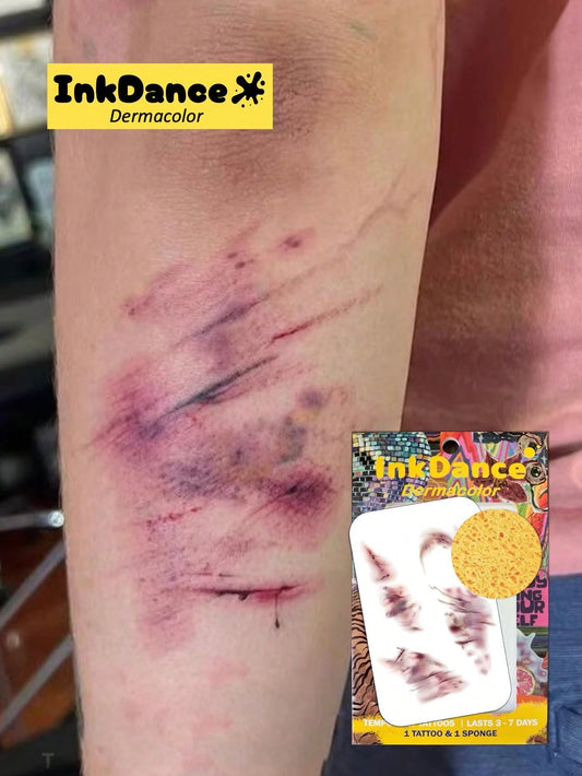 1 Kit Temporary Tattoos, Fake Tattoos, Waterproof, Authentic Tattoo Look, Halloween Scar, Blood Injury, Hand Print Cut Scratches Stitches, Scary Makeup, Colorful, InkDance, Ink Dance, Easy To Apply An
