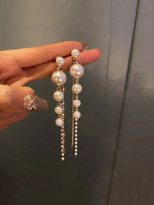 1 Pair Bridal Rhinestone Pearl Tassel Long Earrings