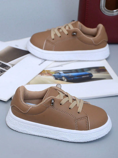 1 Pair Minimalist PU Material Slip-On Baby Sneakers With Lace Decoration, Fashionable Comfortable Anti-Slip Wear-Resistant Lightweight Walking Shoes, Molded Construction, Stable Foot Support, Suitable