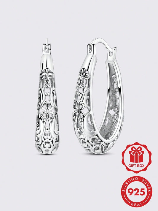 1 Pair Original 925 Sterling Silver Vintage Floral Vine Hollow Pattern Earrings, Classic Simple Elegant Jewelry Gift For Women