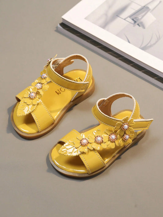 1 Pair Rhinestone Flower Princess Sandals For Girls, Soft Sole Anti-Slip Open Toe Shoes For Toddlers