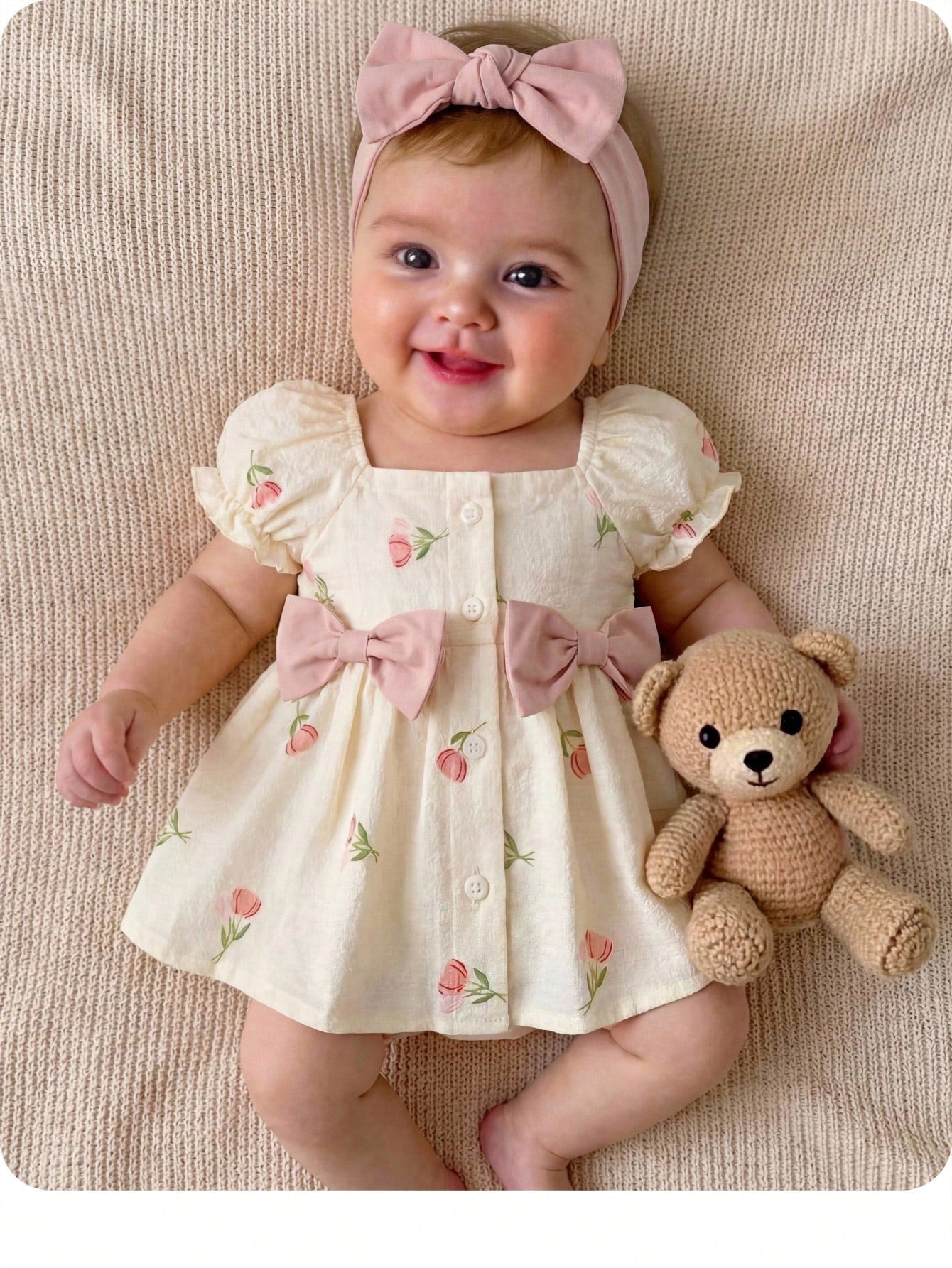 1-Piece Newborn Summer Cute Vacation Floral Pattern Bubble Short-Sleeve Square Neck Dress 1 Month Baby Girl Yellow Outfits For New Born Daisy Clothes