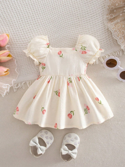 1-Piece Newborn Summer Cute Vacation Floral Pattern Bubble Short-Sleeve Square Neck Dress 1 Month Baby Girl Yellow Outfits For New Born Daisy Clothes