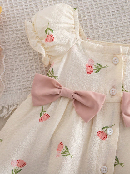 1-Piece Newborn Summer Cute Vacation Floral Pattern Bubble Short-Sleeve Square Neck Dress 1 Month Baby Girl Yellow Outfits For New Born Daisy Clothes