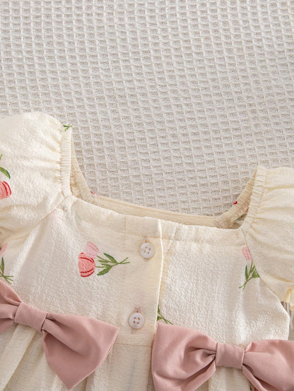 1-Piece Newborn Summer Cute Vacation Floral Pattern Bubble Short-Sleeve Square Neck Dress 1 Month Baby Girl Yellow Outfits For New Born Daisy Clothes