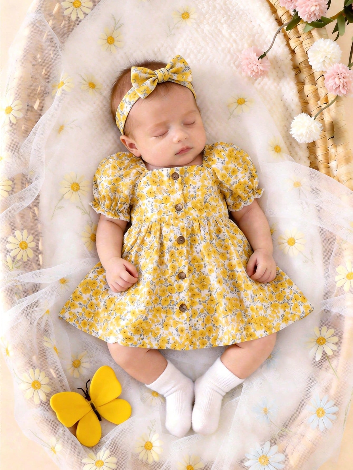 1-Piece Newborn Summer Cute Vacation Floral Pattern Bubble Short-Sleeve Square Neck Dress 1 Month Baby Girl Yellow Outfits For New Born Daisy Clothes