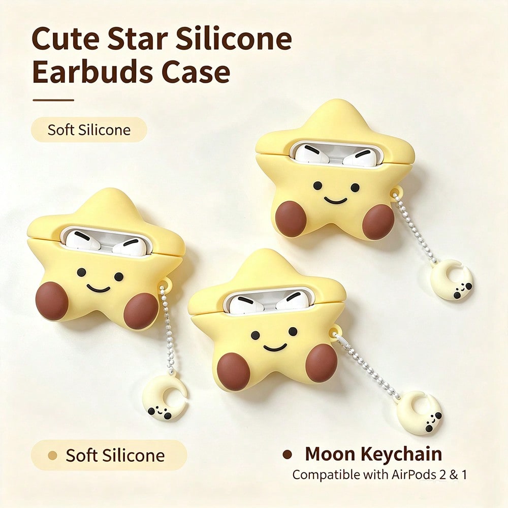 1 Piece Of Cute And Simple Silicone Five-Pointed Star Moon Smiling Face Apple Headset Protective Cover, Headset Protective Cover, With Key Chain, Compatible With Apple Headset Second-Generation Chargi