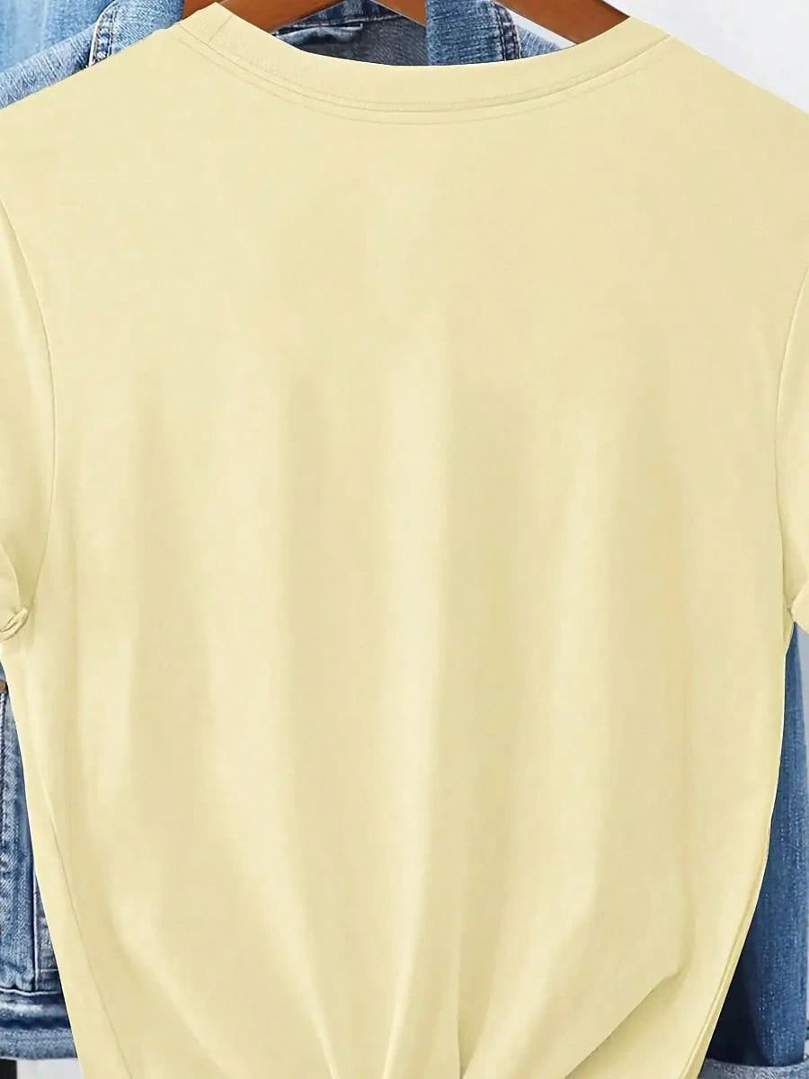 1-Piece Set--Women's Casual Short-Sleeve T-Shirt - Light Yellow Dragonfly Floral Print, Pure Crew Neck Top, Breathable And Versatile, High-Quality ...