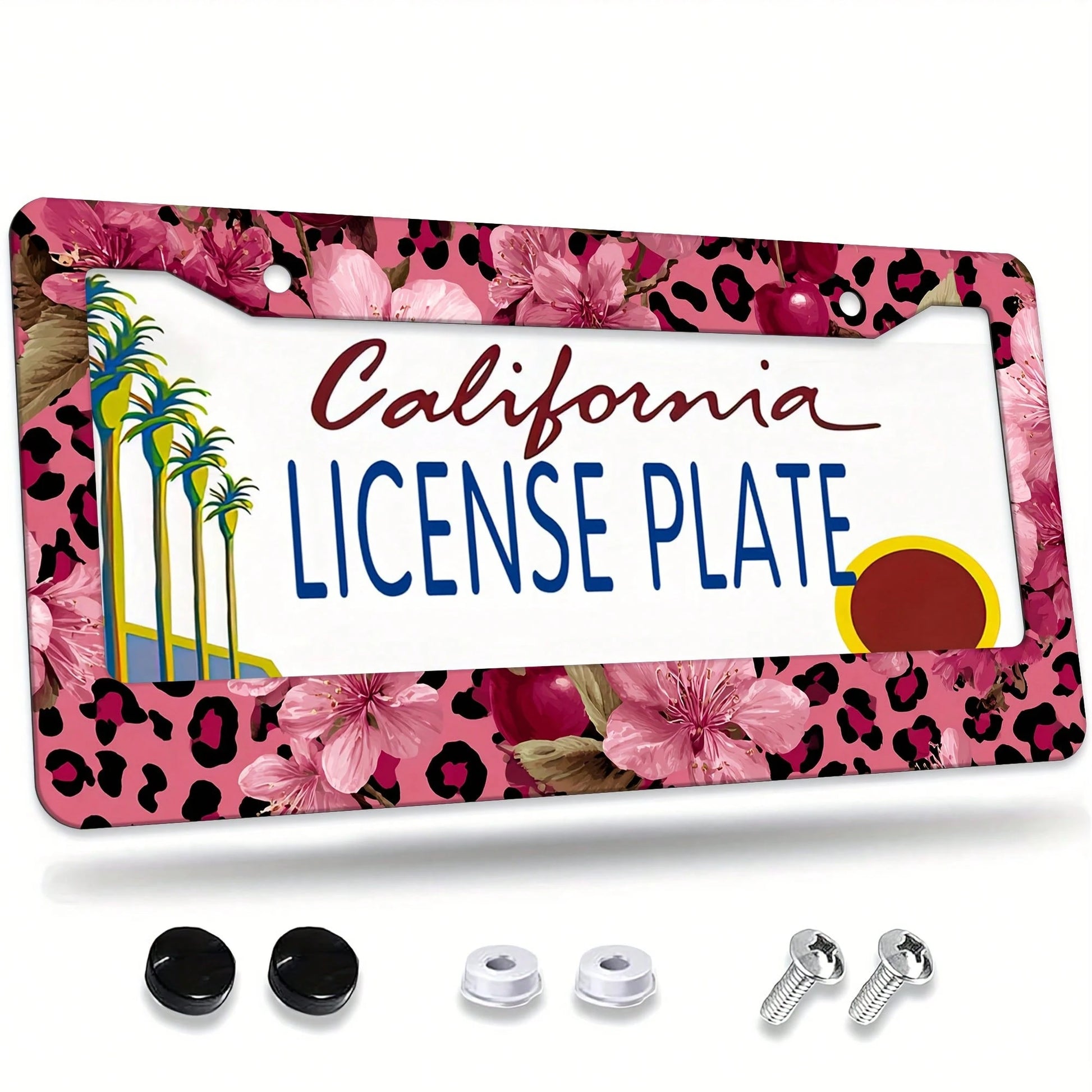 1 Piece, Size 12x6inch, For Decorative Purposes Only, Car Accessory, Metal License Plate Frame, Featuring Pink And Gold Leopard Print And Cherry Blossom Patterns- Made Of Heavy-Duty Aluminum, Rust-Pr