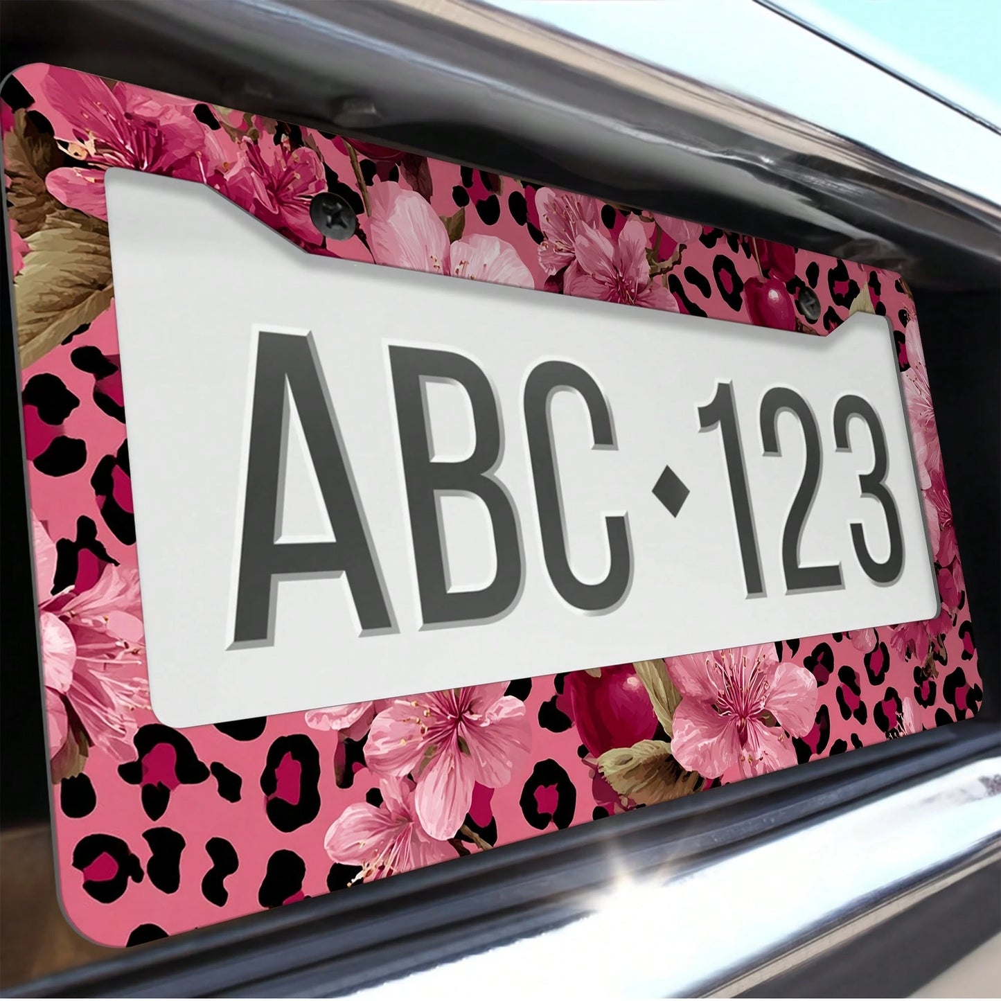 1 Piece, Size 12x6inch, For Decorative Purposes Only, Car Accessory, Metal License Plate Frame, Featuring Pink And Gold Leopard Print And Cherry Blossom Patterns- Made Of Heavy-Duty Aluminum, Rust-Pr