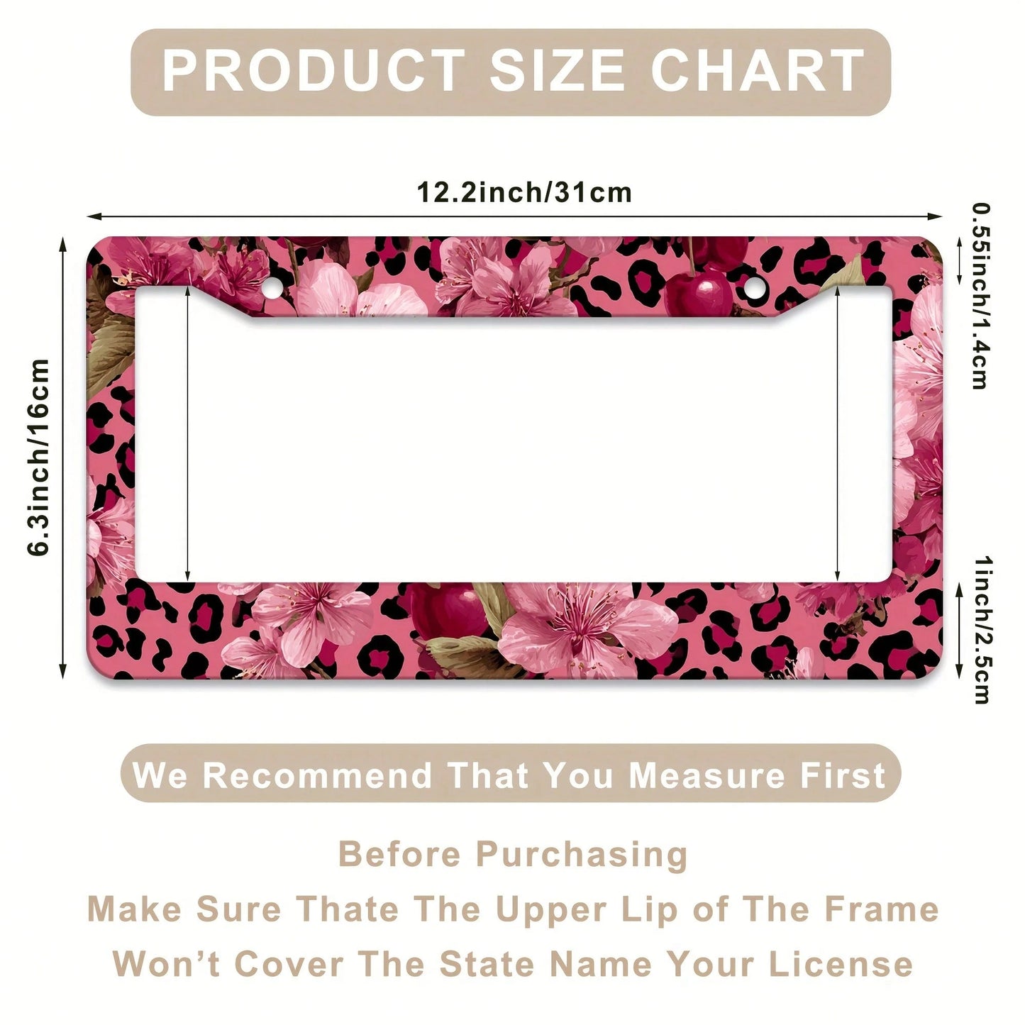 1 Piece, Size 12x6inch, For Decorative Purposes Only, Car Accessory, Metal License Plate Frame, Featuring Pink And Gold Leopard Print And Cherry Blossom Patterns- Made Of Heavy-Duty Aluminum, Rust-Pr