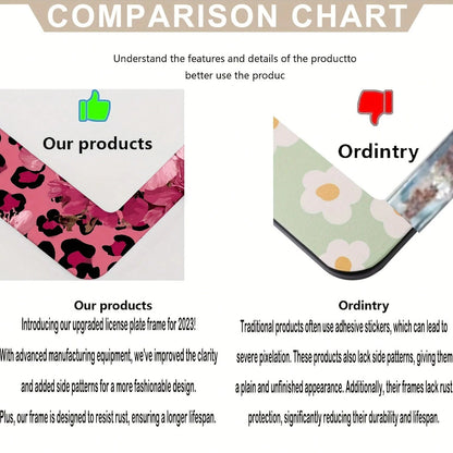 1 Piece, Size 12x6inch, For Decorative Purposes Only, Car Accessory, Metal License Plate Frame, Featuring Pink And Gold Leopard Print And Cherry Blossom Patterns- Made Of Heavy-Duty Aluminum, Rust-Pr