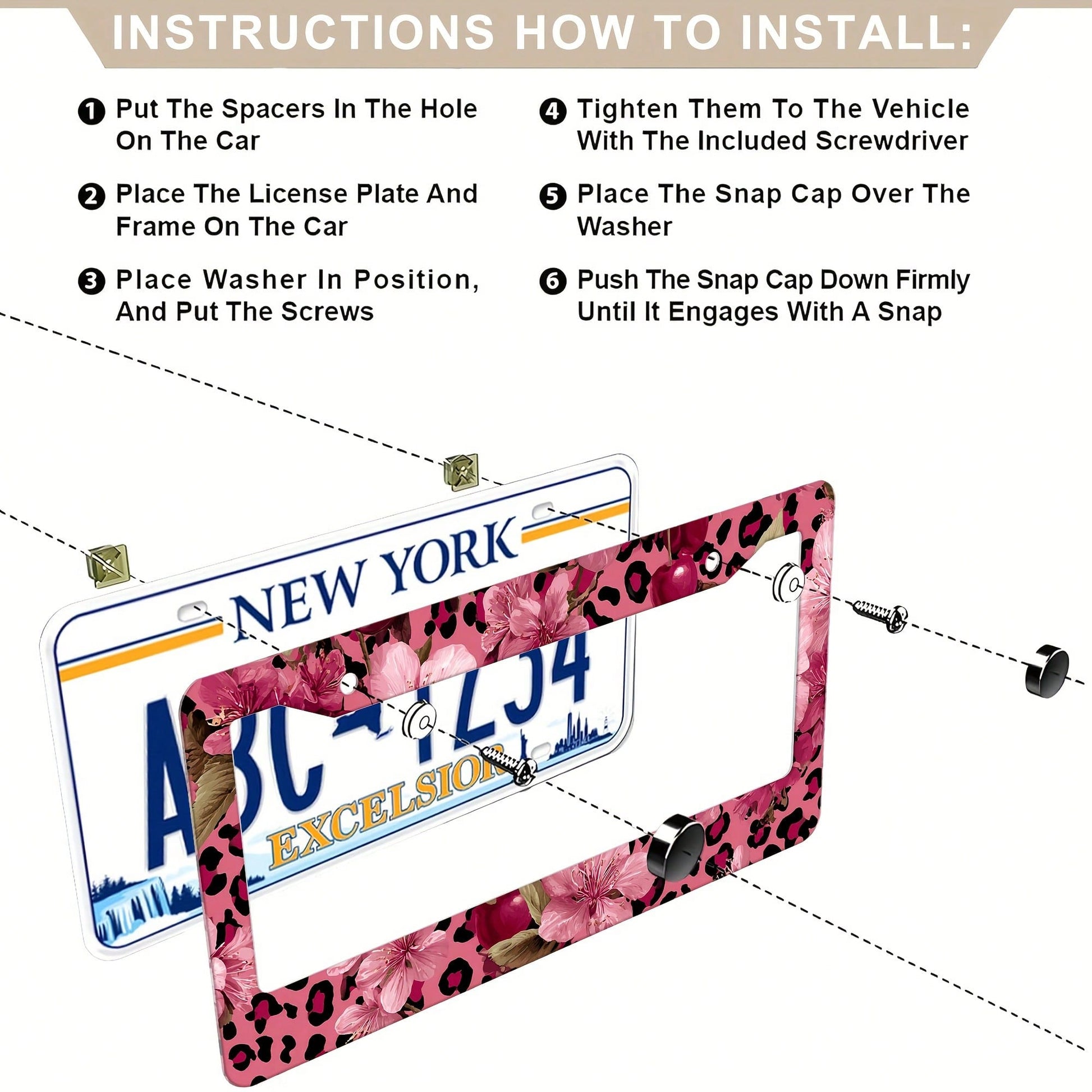 1 Piece, Size 12x6inch, For Decorative Purposes Only, Car Accessory, Metal License Plate Frame, Featuring Pink And Gold Leopard Print And Cherry Blossom Patterns- Made Of Heavy-Duty Aluminum, Rust-Pr