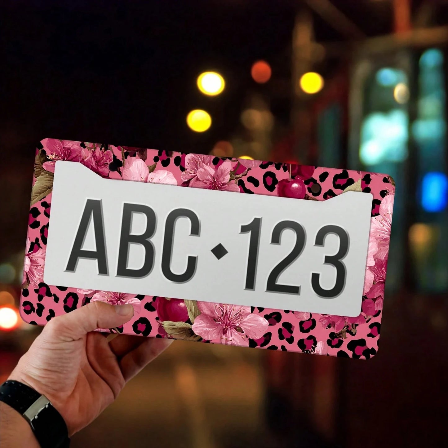 1 Piece, Size 12x6inch, For Decorative Purposes Only, Car Accessory, Metal License Plate Frame, Featuring Pink And Gold Leopard Print And Cherry Blossom Patterns- Made Of Heavy-Duty Aluminum, Rust-Pr