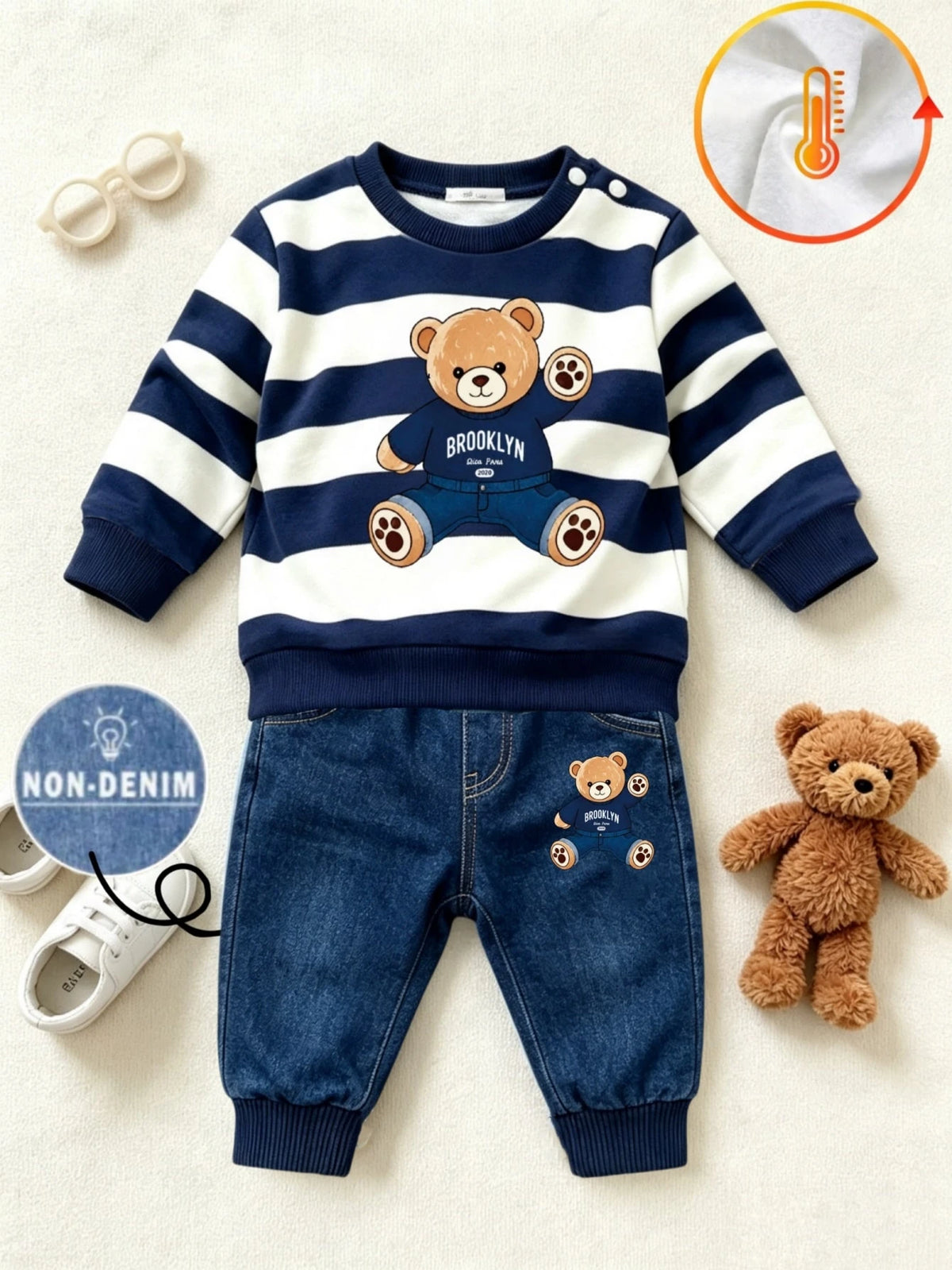1 Random Set,Newborn Baby Boy Fall Navy White Striped Bear Print Sweaters Set Long Sleeve Loose Shoulder Buttons Ribbed Cuffs Casual Tops Outfits