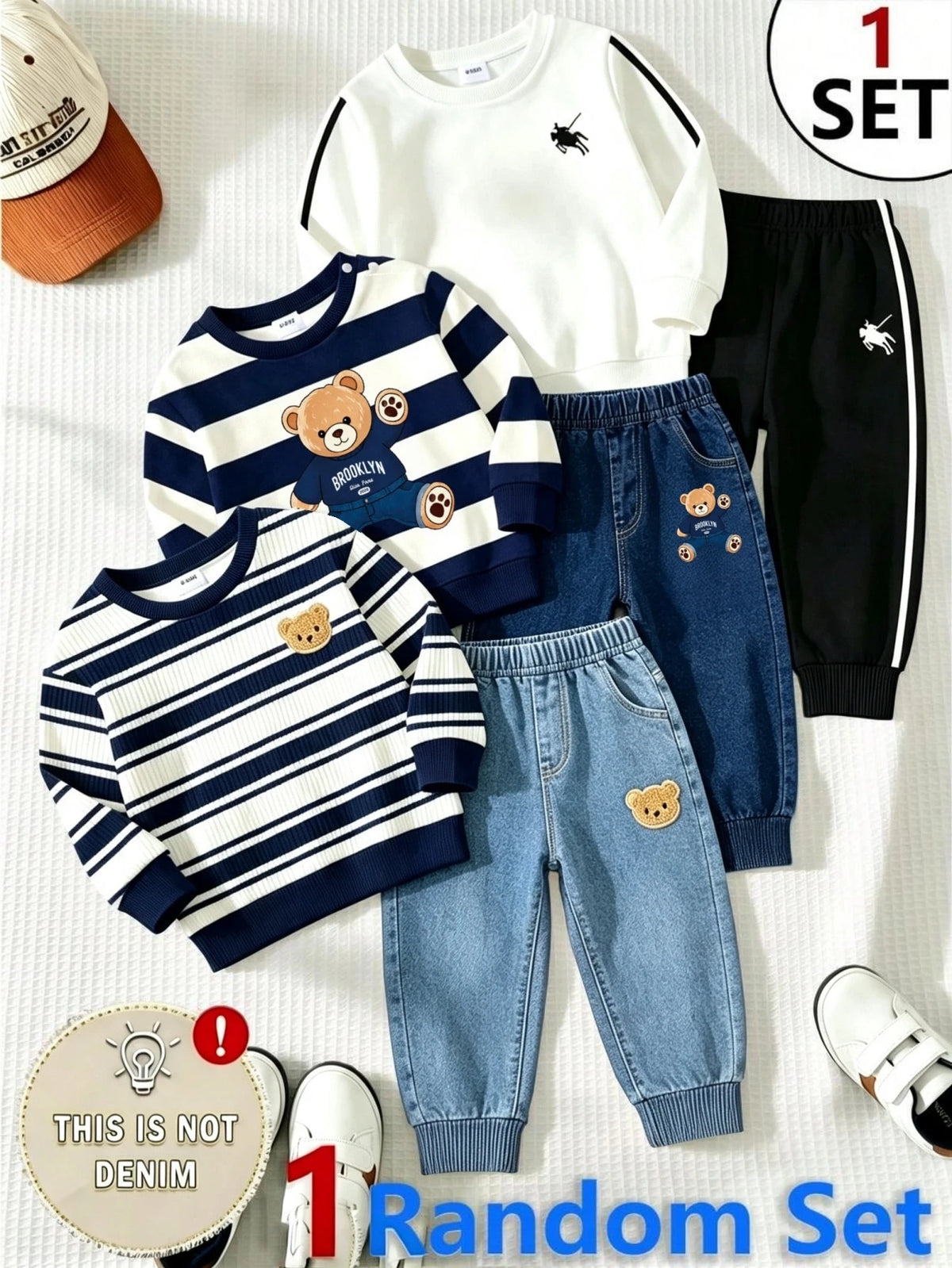 1 Random Set,Newborn Baby Boy Fall Navy White Striped Bear Print Sweaters Set Long Sleeve Loose Shoulder Buttons Ribbed Cuffs Casual Tops Outfits
