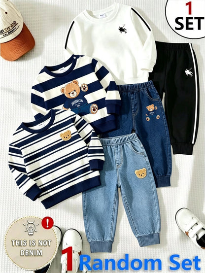 1 Random Set,Newborn Baby Boy Fall Navy White Striped Bear Print Sweaters Set Long Sleeve Loose Shoulder Buttons Ribbed Cuffs Casual Tops Outfits