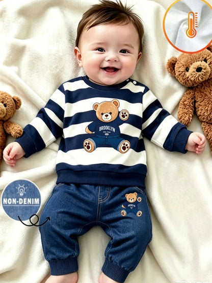 1 Random Set,Newborn Baby Boy Fall Navy White Striped Bear Print Sweaters Set Long Sleeve Loose Shoulder Buttons Ribbed Cuffs Casual Tops Outfits