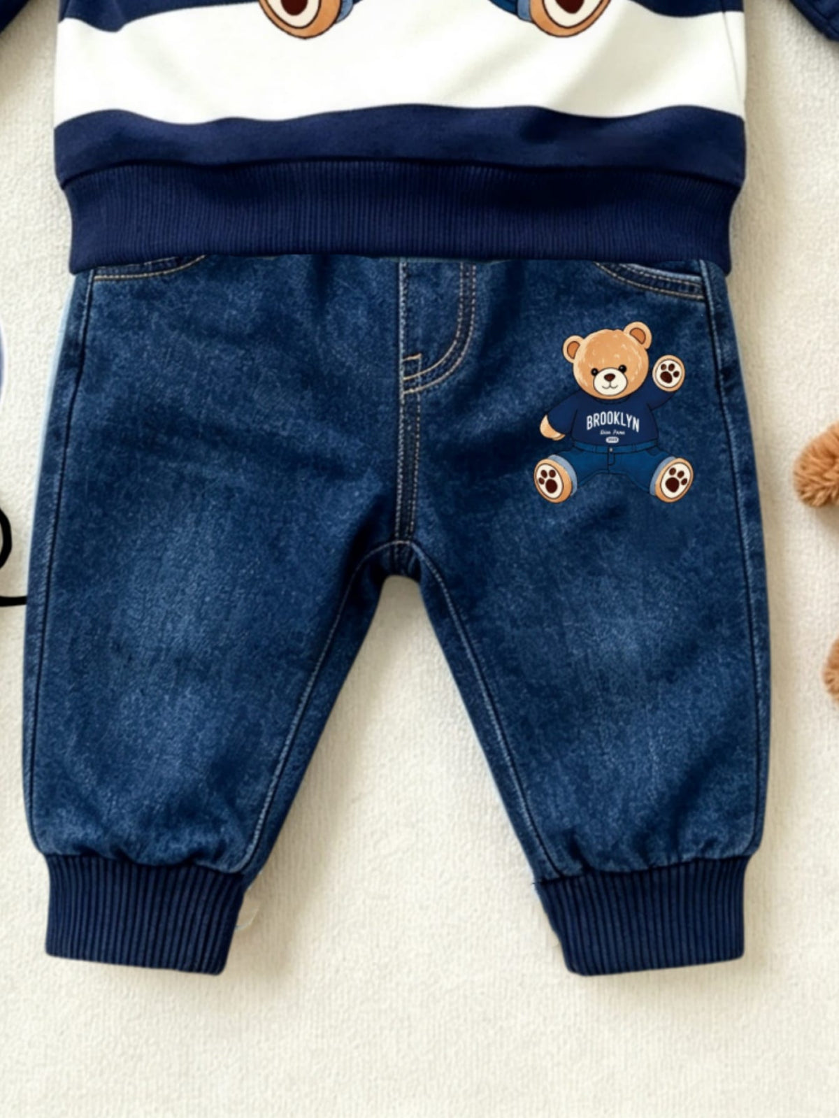 1 Random Set,Newborn Baby Boy Fall Navy White Striped Bear Print Sweaters Set Long Sleeve Loose Shoulder Buttons Ribbed Cuffs Casual Tops Outfits