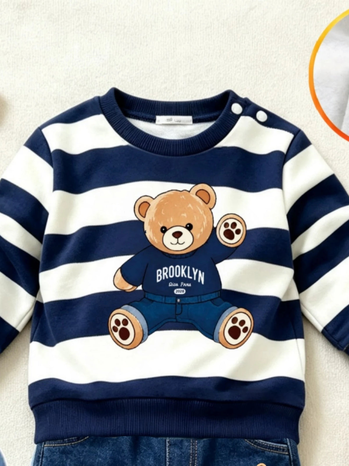 1 Random Set,Newborn Baby Boy Fall Navy White Striped Bear Print Sweaters Set Long Sleeve Loose Shoulder Buttons Ribbed Cuffs Casual Tops Outfits