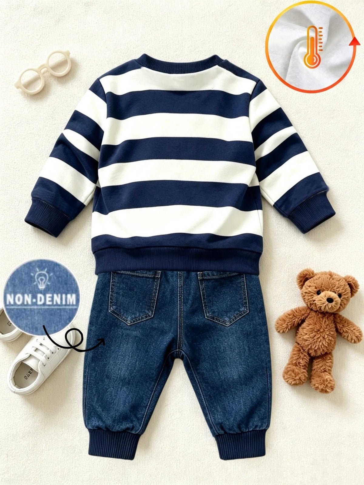 1 Random Set,Newborn Baby Boy Fall Navy White Striped Bear Print Sweaters Set Long Sleeve Loose Shoulder Buttons Ribbed Cuffs Casual Tops Outfits