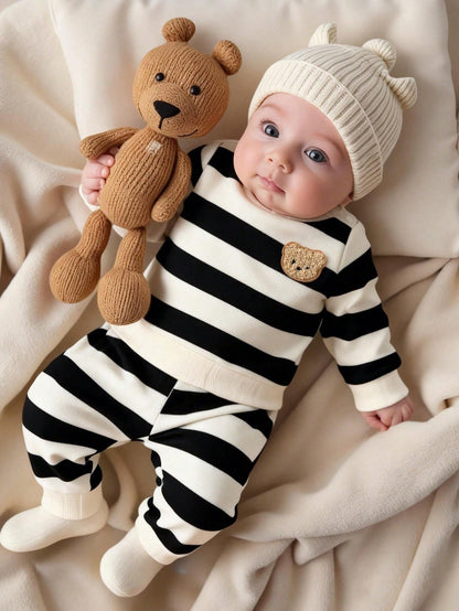 1 Random Set,Newborn Baby Boy Fall Navy White Striped Bear Print Sweaters Set Long Sleeve Loose Shoulder Buttons Ribbed Cuffs Casual Tops Outfits
