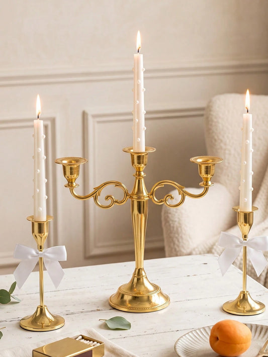 1 Set/1pc Metal Multi-Head Combination Candlestick, French Vintage Style Bow Single Head + Multi-Head Curved Stem Candle Holder, Suitable For Ramadan Celebration, Holiday Party, Wedding, Gathering, Ho