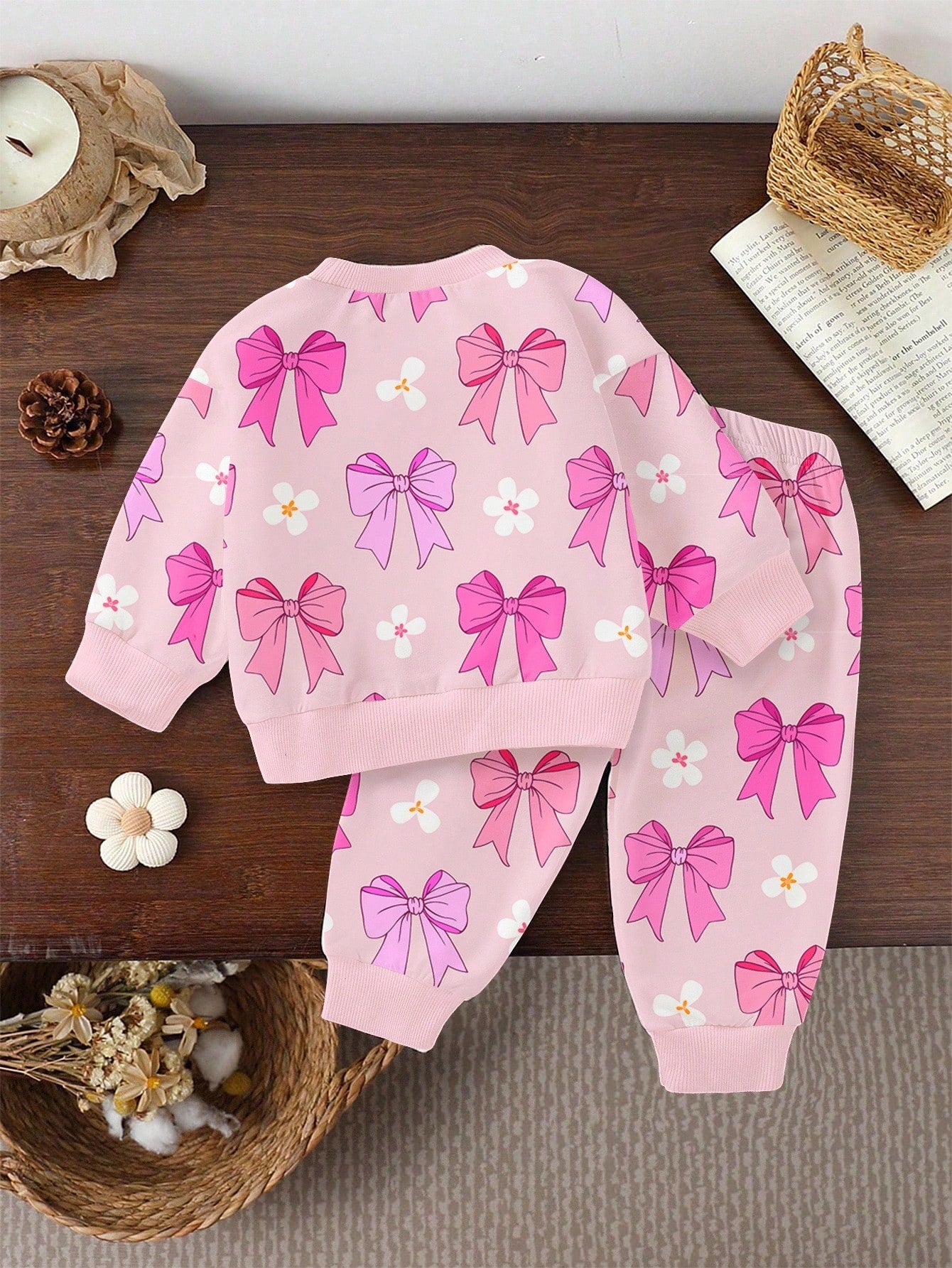 1 Set Baby Girls Casual Fashionable Cute Sweet Bow & Floral Print Crew Neck Sweatshirt And Sweatpants Set, Pink, Autumn/Winter Fall