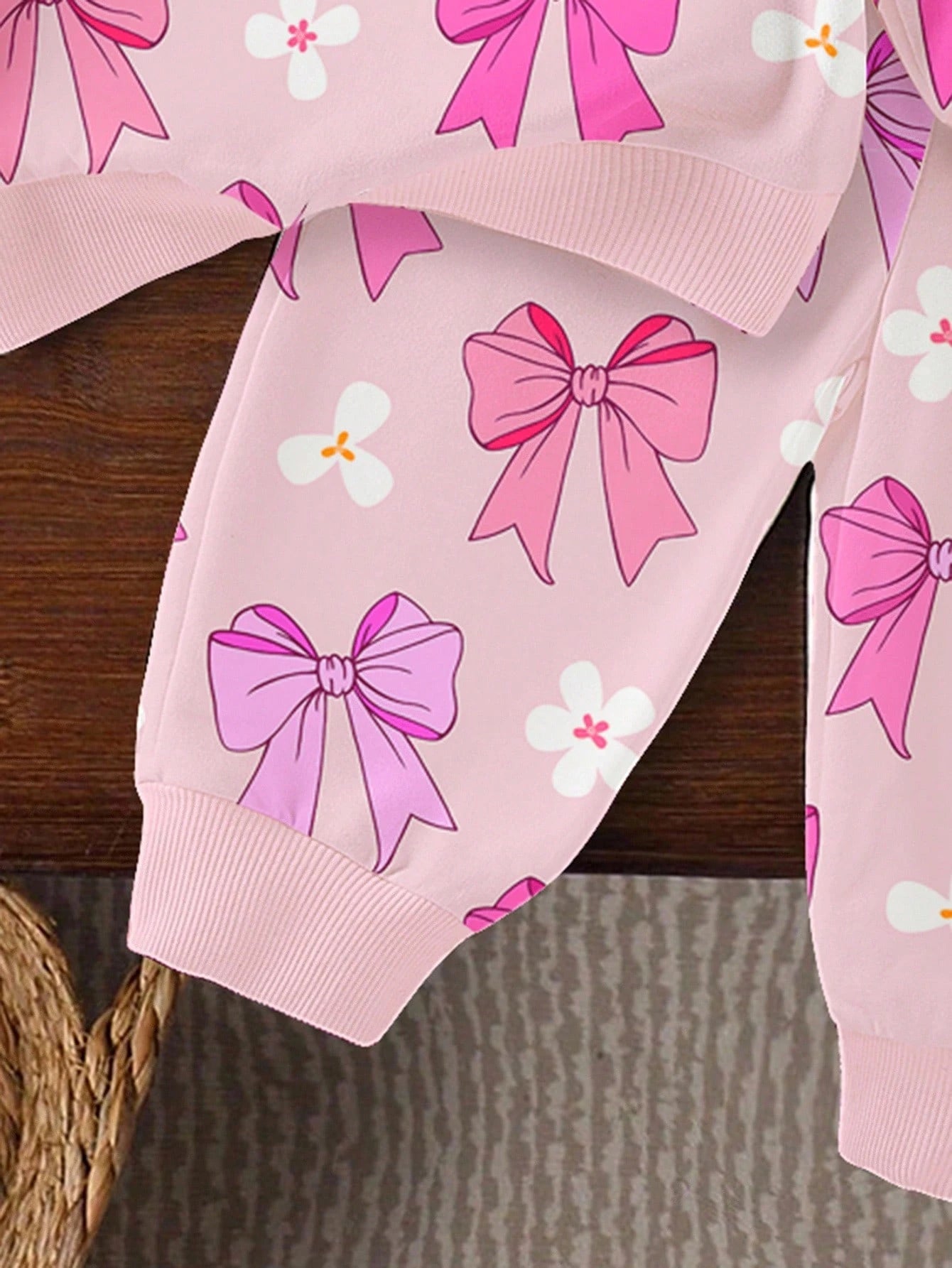 1 Set Baby Girls Casual Fashionable Cute Sweet Bow & Floral Print Crew Neck Sweatshirt And Sweatpants Set, Pink, Autumn/Winter Fall