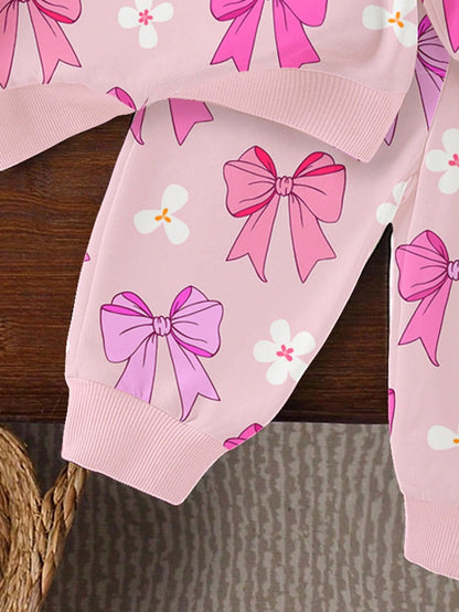 1 Set Baby Girls Casual Fashionable Cute Sweet Bow & Floral Print Crew Neck Sweatshirt And Sweatpants Set, Pink, Autumn/Winter Fall