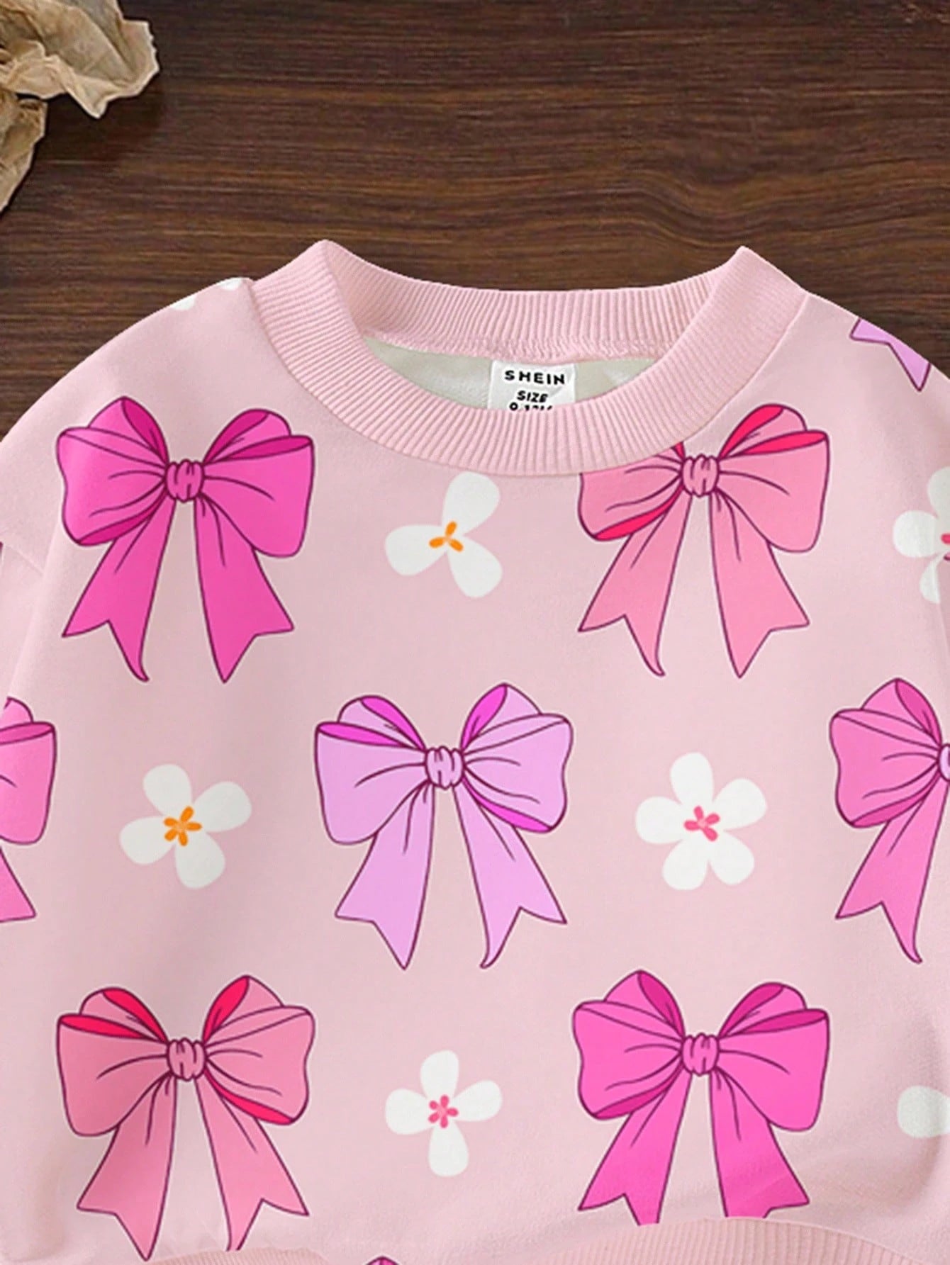 1 Set Baby Girls Casual Fashionable Cute Sweet Bow & Floral Print Crew Neck Sweatshirt And Sweatpants Set, Pink, Autumn/Winter Fall