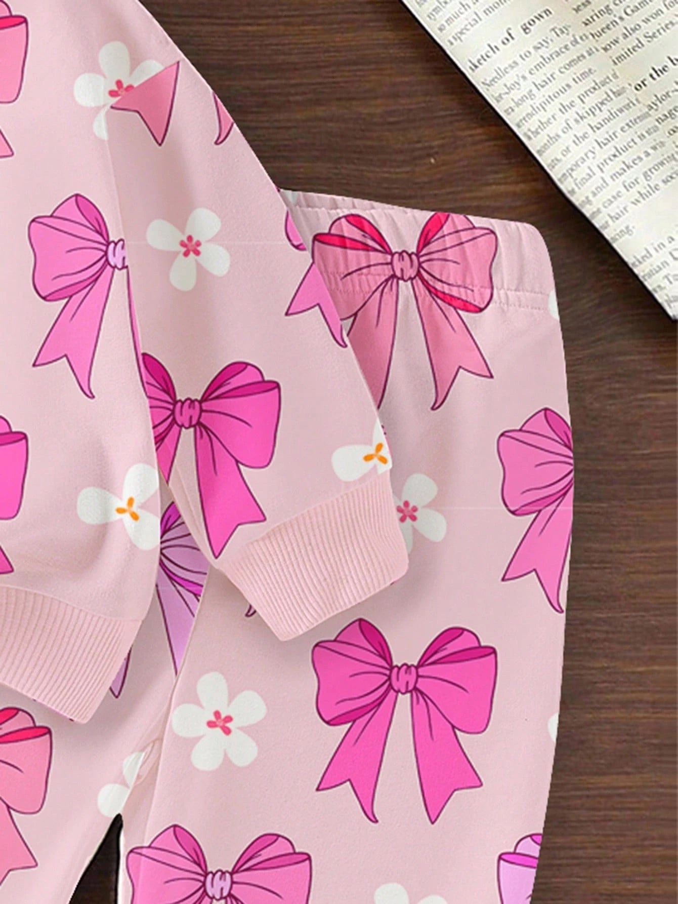 1 Set Baby Girls Casual Fashionable Cute Sweet Bow & Floral Print Crew Neck Sweatshirt And Sweatpants Set, Pink, Autumn/Winter Fall