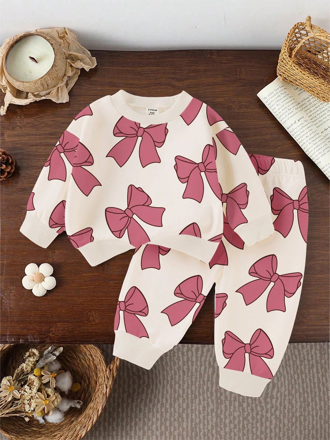 1 Set Baby Girls Casual Fashionable Cute Sweet Bow & Floral Print Crew Neck Sweatshirt And Sweatpants Set, Pink, Autumn/Winter Fall