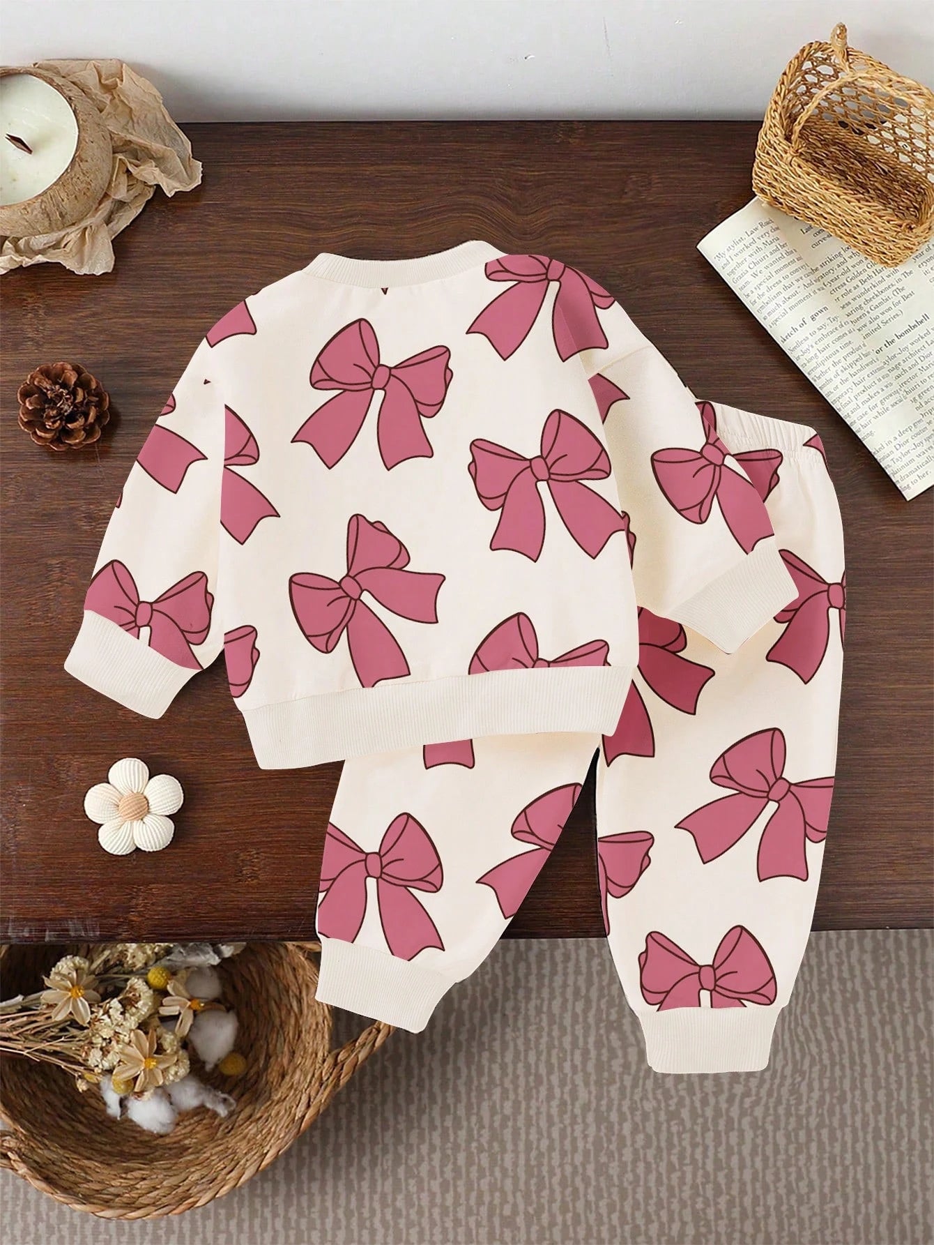 1 Set Baby Girls Casual Fashionable Cute Sweet Bow & Floral Print Crew Neck Sweatshirt And Sweatpants Set, Pink, Autumn/Winter Fall
